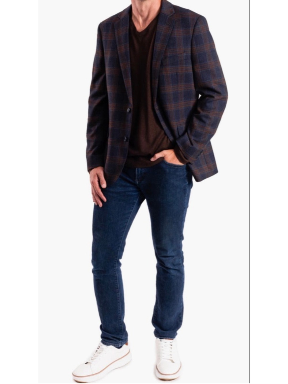 Savile Row Co Navy and Brown Plaid Sport Coat (48L)